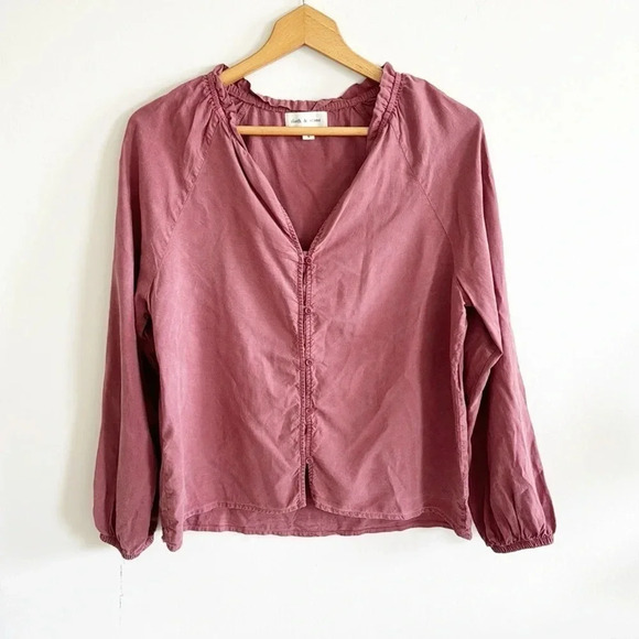 Cloth & Stone dusty pink ruffled long sleeve button up chambray top size small - Picture 1 of 7
